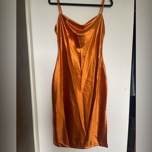 Burnt orange satin midi dress